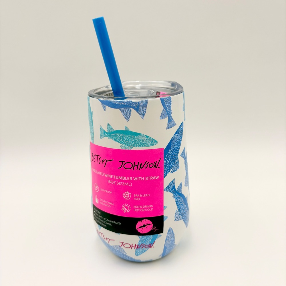 Betsey Johnson Fish Print Insulated Wine Tumbler with Straw 16oz Blue Teal White